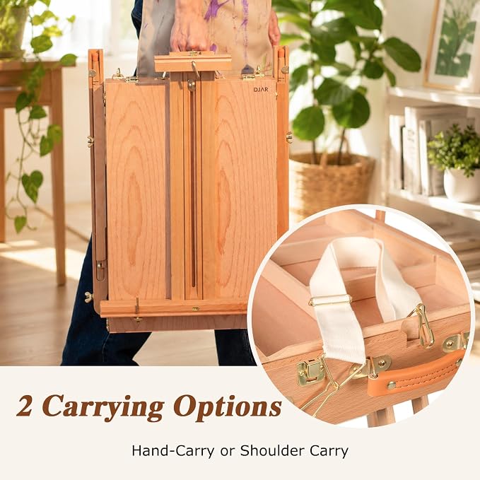 DJAR Beechwood French Easel with Shoulder Strap, Holds Canvas up to 34" | Adjustable, Palette, Level Instrument, Scale Leg, Outdoor & Indoor, Tabletop & Floor Use for Professional & Beginner Artists