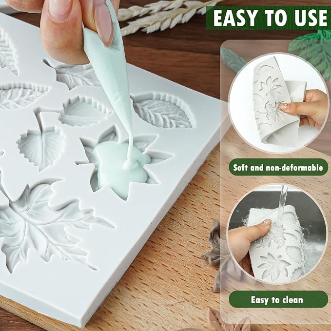 HKNMTT Leaf Fondant Silicone Mold Small Maple Shapes, 34 Cavity Tree Fern Leaves Rose Flower for Cake Cupcake Topper Craft Decorating Sugar Candy Clay Plant Moulds DIY BPA Free