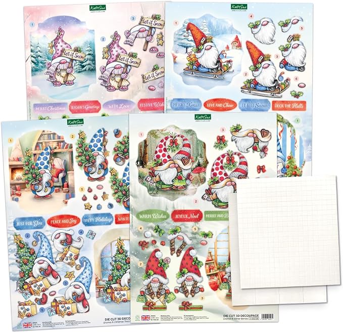 Katy Sue Cosy Christmas Gnomes Card Making Kit, Makes 8 Handmade Holiday Cards, Die Cut Toppers, Backgrounds & Foam Pads Included