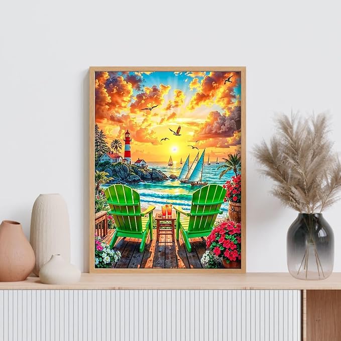 Diamond Art Kits for Adults, 5D Sunset Lighthouse Diamond Painting Kit