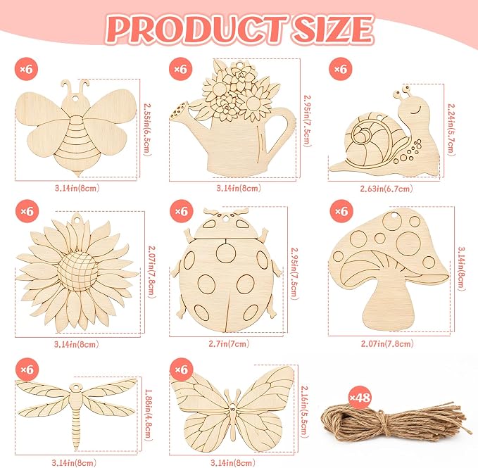 48PCS Unfinished Wooden Cutouts, Blank Hanging Craft Ornaments | 8 shapes Pre-drilled sling holes, blank unfinished wood for kids DIY painting, home hanging craft decor supplies