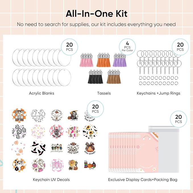 YOPPIX 140 PCS Acrylic Keychain Blank Set, Halloween Ghost Double-Sided UV DTF Stickers Acrylic Keychain Making Kits for Vinyl DIY Craft Project