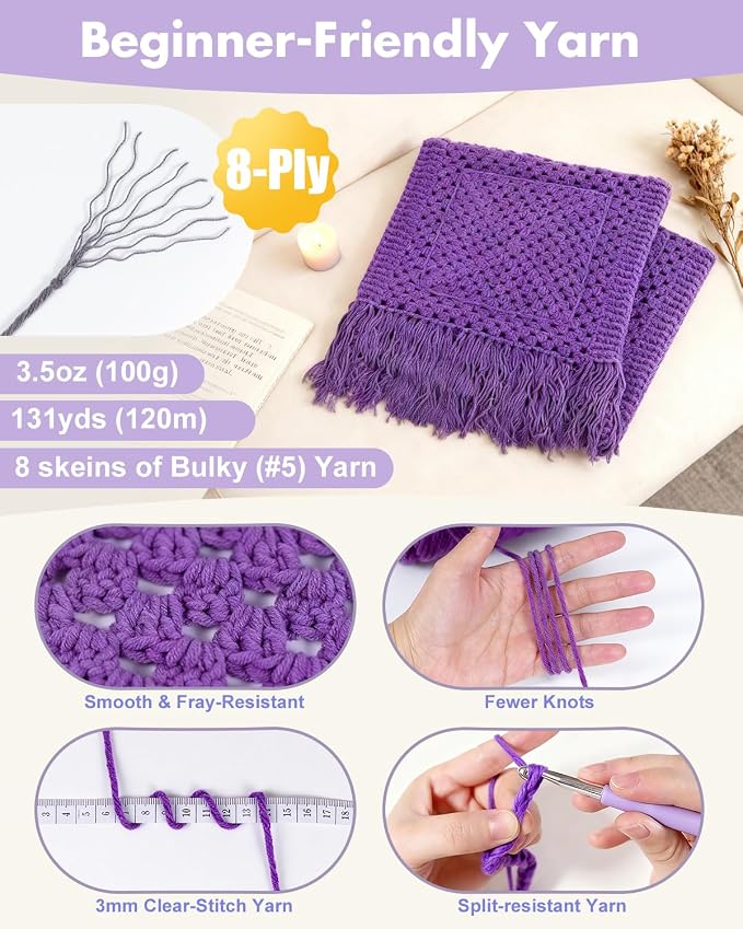 Arborthread Crochet Kit for Beginners, Easy All-Season Pocket Shawl & Scarf Crochet Kit for Adults w/Ample Premium Yarn to Fit Different Sizes, Step-by-Step Video & Instructions, Pureple