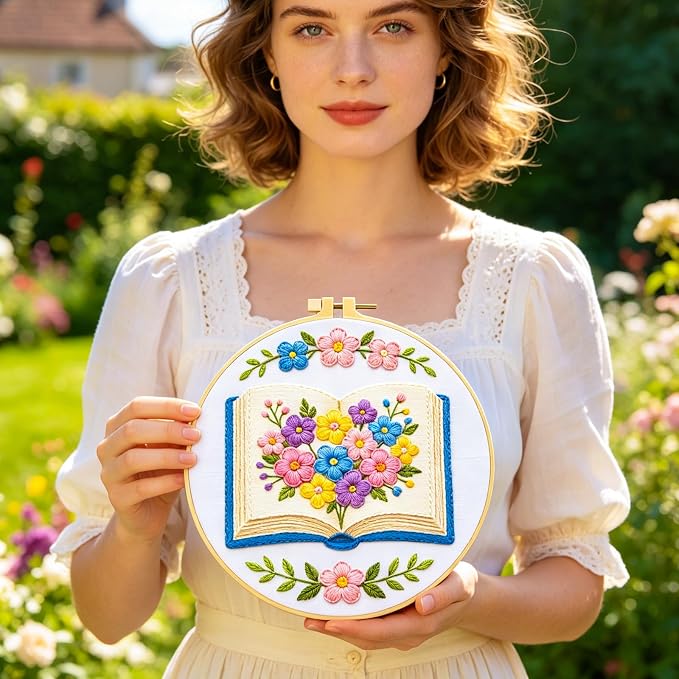 BEUNITONE 6 Set Embroidery Kit for Beginner Adults, Books & Flowers Cross Stitch Set with Stamped Pattern Hoops Threads Cloth Needles, Embroidery Starter Kit for Gifting and Home Decoration