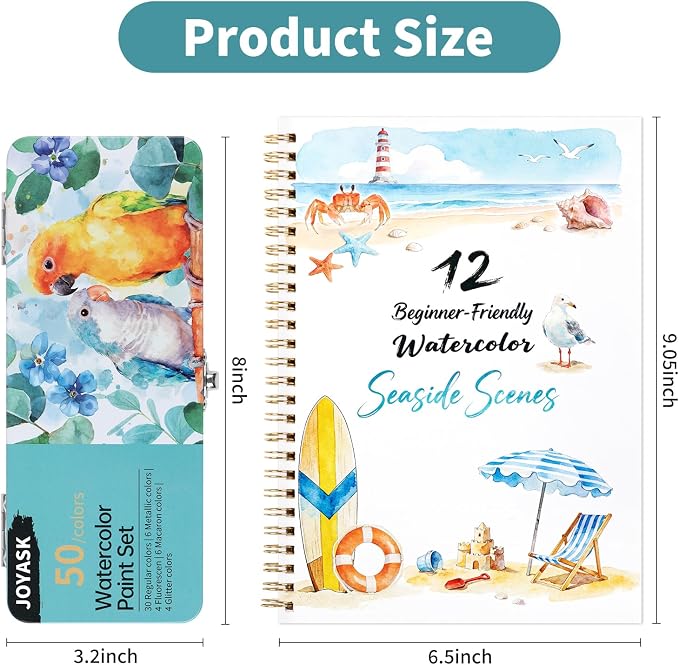 Watercolor Workbook with 12 Seaside Patterns,50 Colors Watercolor Paint Set | Water Coloring Book, Beginner-Friendly Watercolor Workbooks for Creative Exploration Gift for Adults