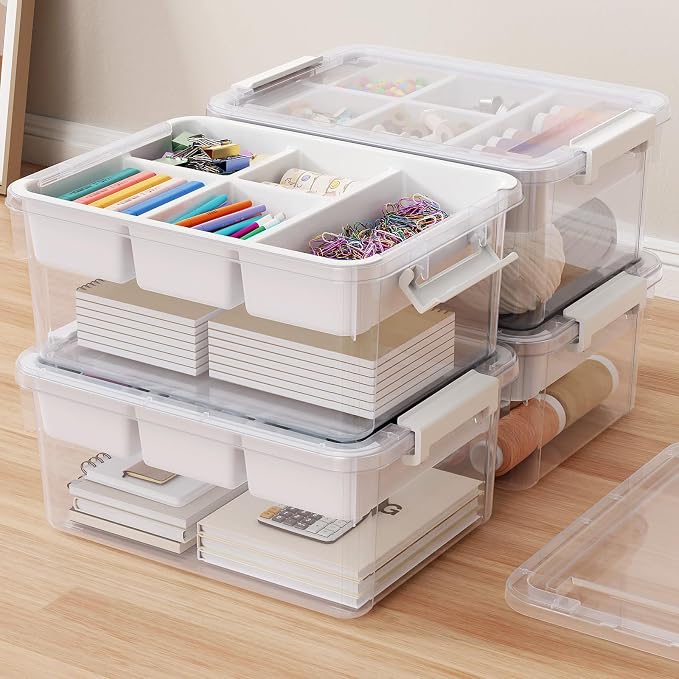 80Qt Stackable Storage Bins with Lids Trays Craft Box Organizers, 4Pack,WH