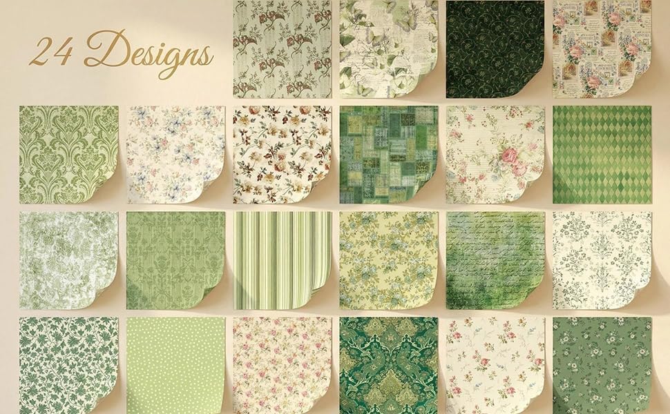 Green Scrapbook Paper Vintage Flower Pattern Papers Pad 12×12,24 Sheets Double-Sided Mother's Day Bobo Floral Scrapbooking CardStock Paper Pad for Holiday Cardmaking DIY Origami Papers.