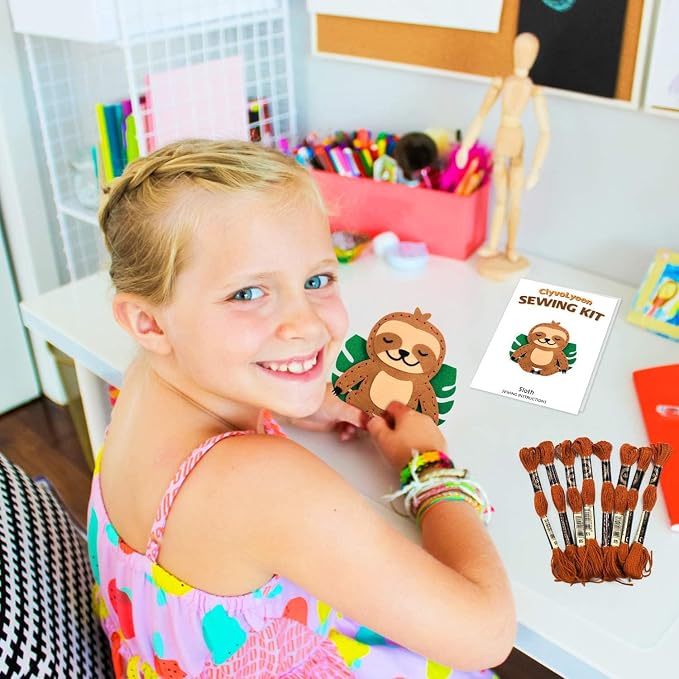 CiyvoLyeen Kids Sewing Kit Crafts – DIY Sloth & Jungle Animal Felt Crafts Sewing Set for Girls & Boys Ages 8–12 Learn to Sew 8 Cute Animal Projects