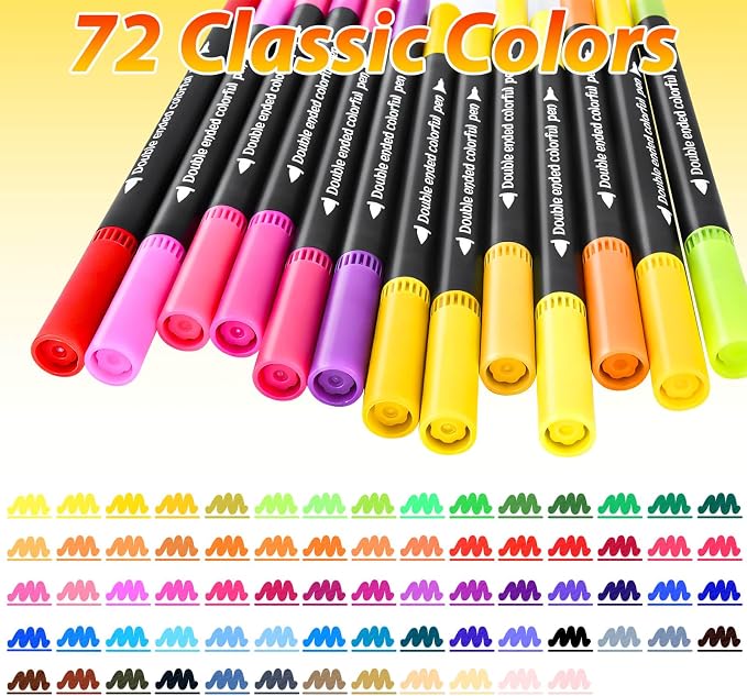 72 Colors Dual Tip Color markers, Fine & Brush Tip Markers Pens for Adult Coloring Book, Dual Watercolor Marker Pens, Art Drawing Supplies Marker s Kit for Calligraphy, Illustrations, DIY Crafts