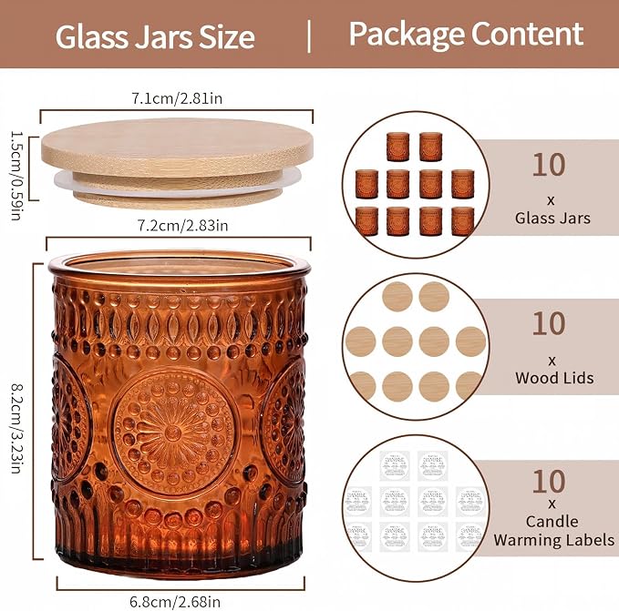 DARJEN 10 Pcs 8oz Glass Candle Jars with Lids, Candle Tins-Amber | Premium Thick Glass, Secure Wooden Lids- Candle Jars for DIY Candle Making, Stunning Sunflower Design
