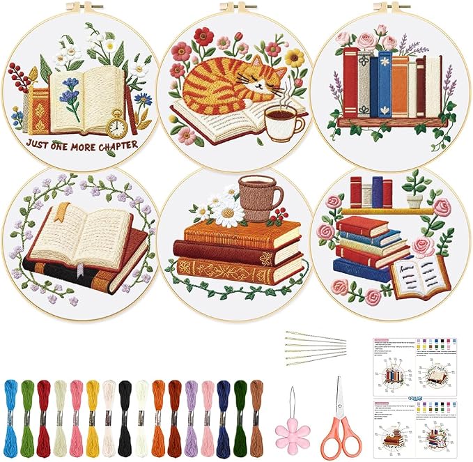 ORIGACH 6 Pack Book & Flower Embroidery Kits for Beginners, DIY Starter Hand Embroidery Kit with Floral Books Patterns and Instructions for Book Lover Adults Women Crafting