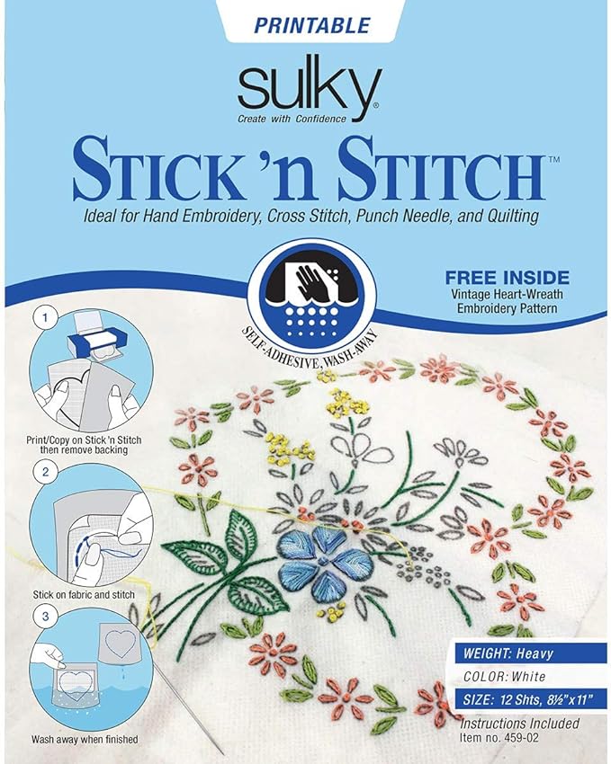 Stick N Stitch Self Adhesive Wash Away Stabilizer Twelve Sheets of 8-1/2 x 11