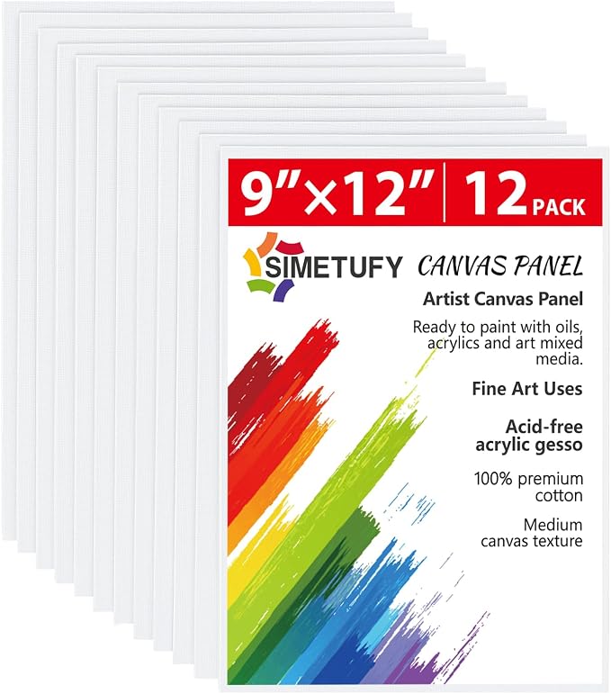 Simetufy 12 Pack 9 x 12 inch Canvas Boards for Painting Canvas Panels | Gesso Primed Acid-Free 100% Cotton for Acrylics Oil Watercolor Tempera Paints