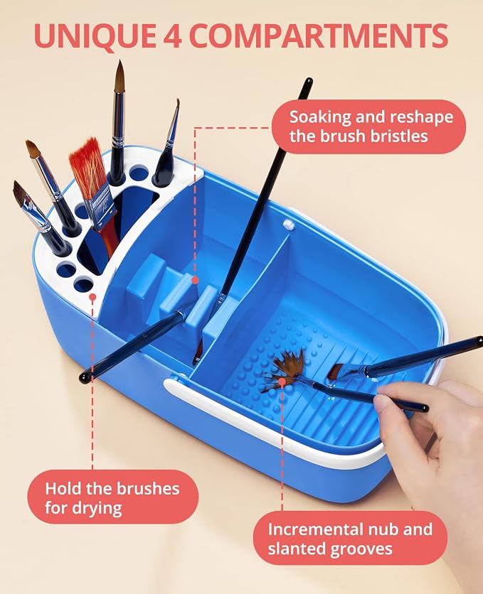 GAMENOTE Paint Brush Cleaner, Paint Brush Holder and Palette, Blue | All-in-one painting station washes and rests brushes, mixes colors, and stores paint in 18 wells with a portable handle.