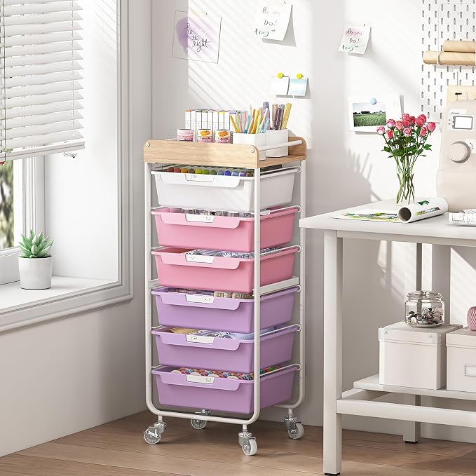 SYKIARIOL Utility Cart with 6 Labeling Drawers and Wooden Tabletop | Rolling Storage Cart for Crafters, Artists, Kids, Teachers, and Students – Organize Arts, Crafts, Sewing & Study Supplies