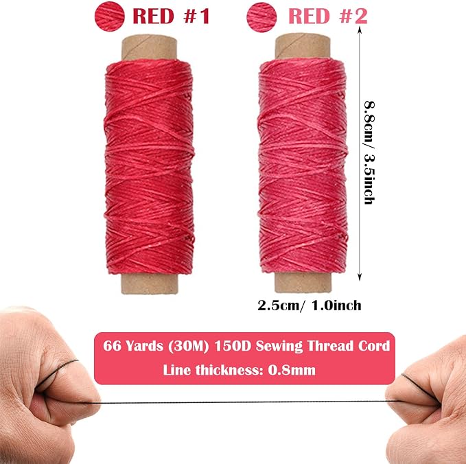 2 PCS Leather Sewing Waxed Thread, Each of 33 Yards 150D Sewing Thread Cord for Leather Craft DIY Supplies, Shoes Repairing, Deep Red and Red