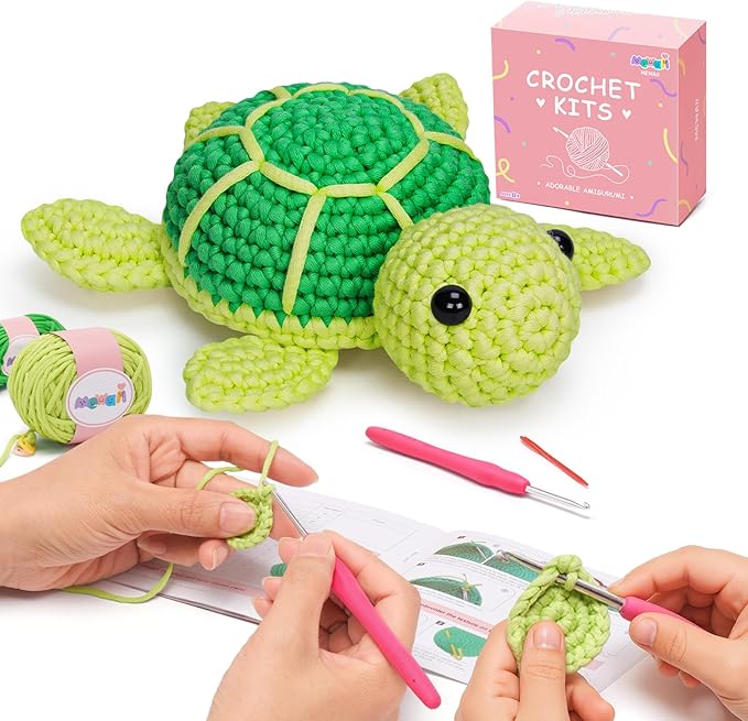 Mewaii Green Sea Turtle Crochet Kit for Beginners, 40% Extra Yarn | Video Tutorial, Pre-Started Piece, Gift Box, Level 1 Starter Kit, Family Craft for Adults, Kids & Beginners