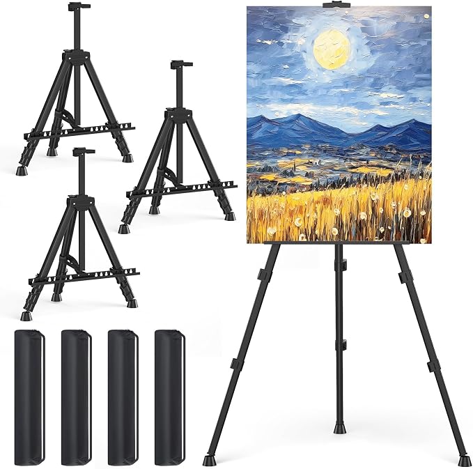 Art Painting Display Easel Stands - Portable Adjustable Floor Artist Easels | Aluminum Metal Tripod Black Stands with Bags, Sturdy for Table-Top/Floor Painting, Drawing, Displaying - Black 4 pack