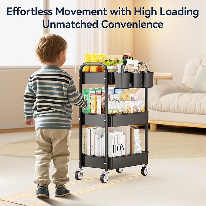 YASONIC 3 Tier Rolling Cart, Heavy Duty Metal Utility Cart with Wheel Black