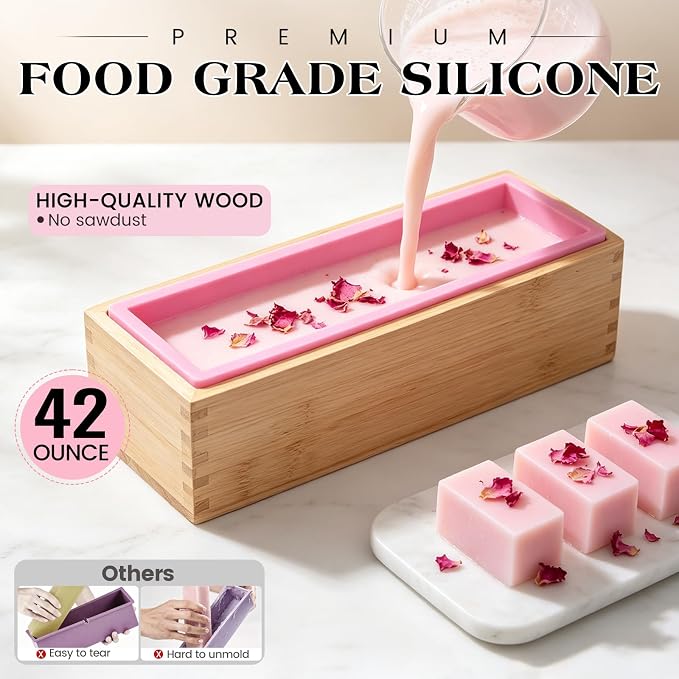 SJ 2-Pack 42 oz Soap Making Kit with Loaf Molds, Wooden Box & Cutters | Pink & Purple Silicone Loaf Molds, 2 Wooden Boxes, Straight & Wavy Cutters, Reusable, Perfect for DIY Gifts