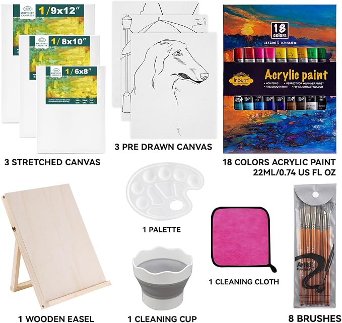 Inburit Art Acrylic Paint Set for Adults & Kids with Canvas Easel