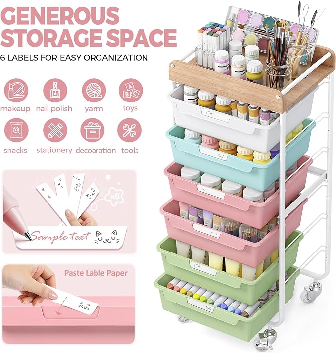 SYKIARIOL 6 Drawer Rolling Cart for Craft Storage,Utility Cart,Colourful | Organizer with Handle and Wooden Top,Storage on wheels for Office,Classroom,Laundry,Garage,Snack,Art Supply