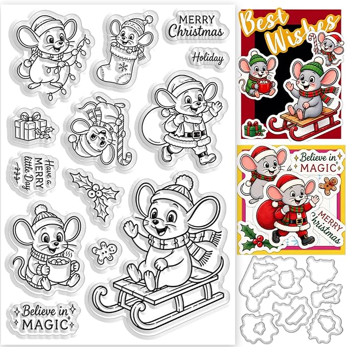 Card Making Stamps and Cutting Dies Set(Christmas Mouse) | Durable Silicone Stamps and High - Quality Carbon Steel Dies for Card Making, Photo Albums and Diary Decoration