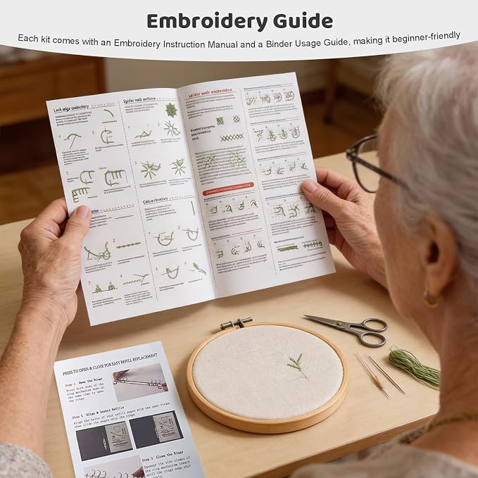 Vipxsa Embroidery Stitch Book Kit for Beginners, 138 Patterns with Embroidery Hoop & 87 PCS Tools, Portable Loose-Leaf Beginner Embroidery Kit Hand Embroidery Starter Kit for Adults DIY Craft Lovers