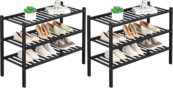ROMGUAR CRAFT 3 Tier Bamboo Shoe Rack for Closet Free Standing Wood Shoe Shelf Storage Organizer for Entryway Small Space Stackable 27"x11"x20" (Black) (Pack of 2)