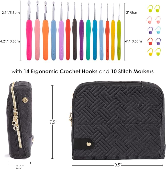 MYBAGZING Crochet Hook Case with 14 Size Crochet Hooks Set 2mm(B)-10mm(N) Ergonomic Crochet Hooks with Crochet Case Stand Up - Crochet Hook Organize for Crochet Lovers, Crochet Kit for Beginners
