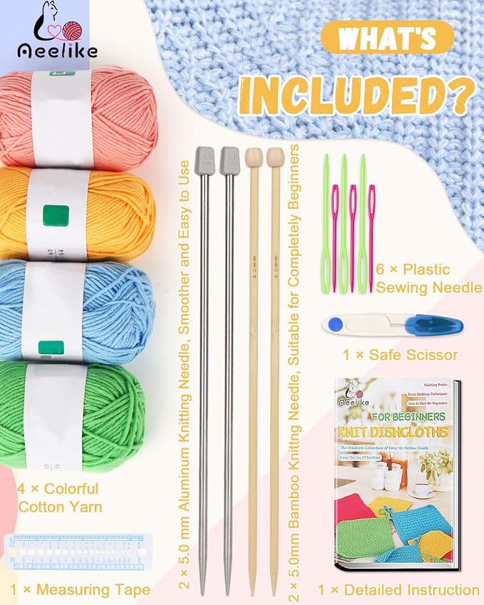 Aeelike Knitting Kit for Beginner Adult, Easy Dishcloth Knit Set, Color C | Knitting Set with Knitting Needles Milk Colorful Cotton Yarn Step-by-Step Instructions, Learn Basic Knitting, Ideal Gift