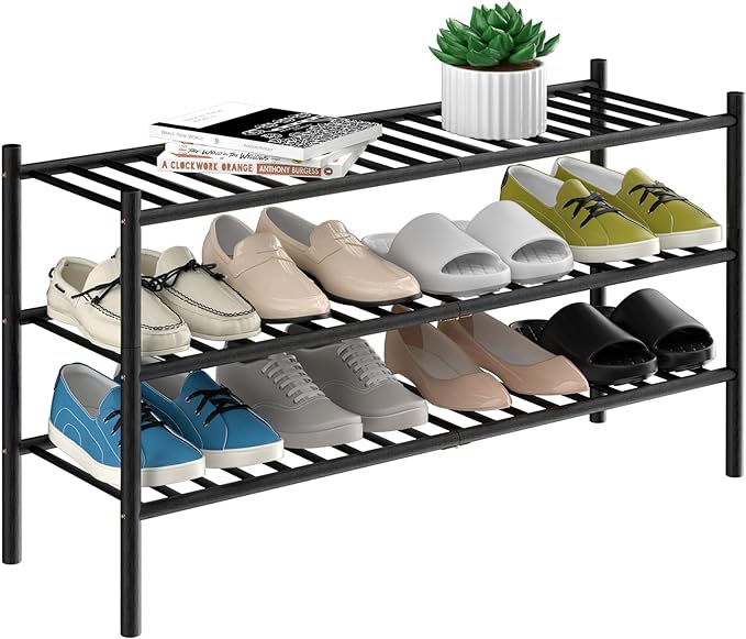 ROMGUAR CRAFT 3-Tier Bamboo Long Shoe Rack, Free Standing Wood Shoe Shelf Storage Organizer for Closet Entryway Stackable 35"x11"x20" (Black)