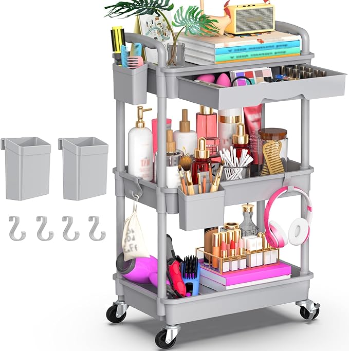 Goovilla 3 Tier Rolling Utility Cart Organizer with Removable Drawer, Grey | Stable and Sturdy Rolling Storage Carts with 2 Lockable Wheels for Bathroom, Kitchen, Snack, Craft, Makeup, Baby Essentials