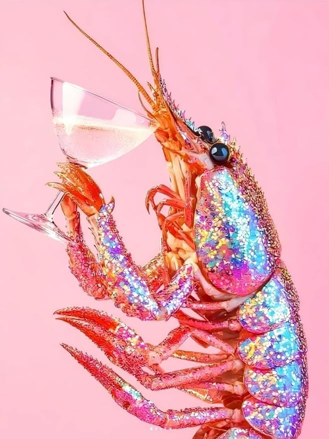 5D Pink Lobster Cocktail Diamond Art kits for Adults Beginners 12x16in | Diamond Painting Kit DIY Full Round Drill Paint by Diamonds Dot Gem Art for Adult, Home Wall Decor