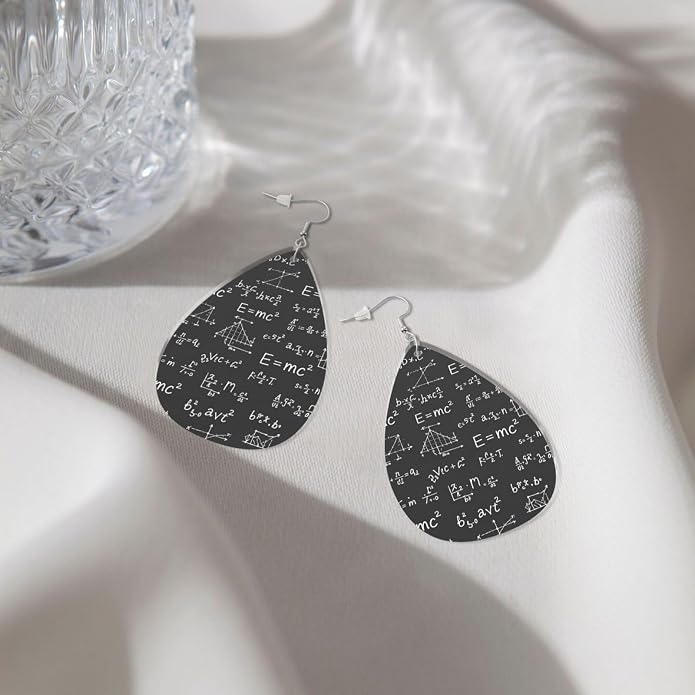 Math Formula Equation Black Drop-Shaped Earrings 2.2 x 1.5 Inches