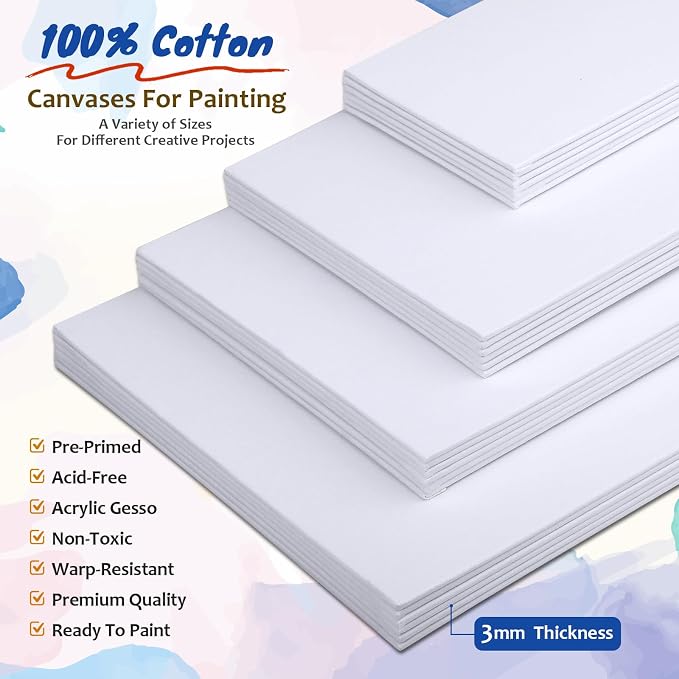 Halobios 24-Pack Canvas Boards for Painting, 6 of 5x7 8x10 9x12 11x14 Canvas Panels for Kid & Adults 100% Cotton Gesso Primed Art Painting Supplies for Acrylic, Oil, Tempera & Watercolor