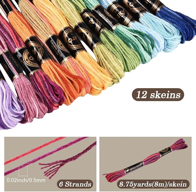12 Skeins 105 Yards Colorful Cross Stitch Floss Embroidery Threads Polyester Friendship Yarn Rainbow 6 Ply Embroidered String for Sewing Making Bracelets Clothes Stitching Decor Craft DIY
