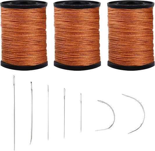 3Pcs Brown Upholstery Thread Heavy Duty, 7 Styles Curved Sewing Needles