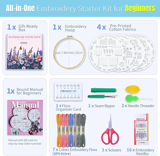 ETSPIL Beginner Embroidery Kit, 4K Video, 4 Floral Patterns, Gift Box | 4 Pre-Printed Wreath Designs. Embroidery Stitch Book Kit, Step-by-Step. 20% Extra Floss. Easy to Start, Relaxing Craft