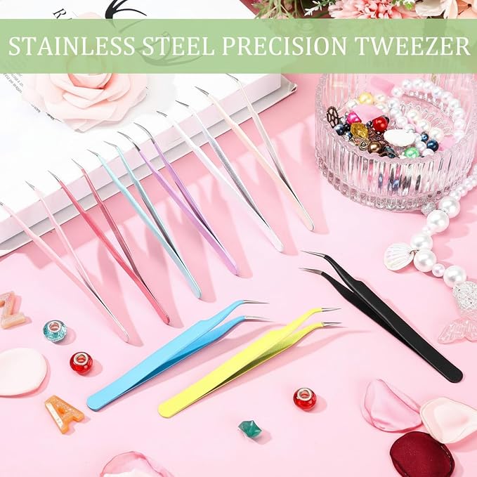 Honoson 9 Pcs Curved Pointed Craft Tweezers Precision Tweezer,Multicolor