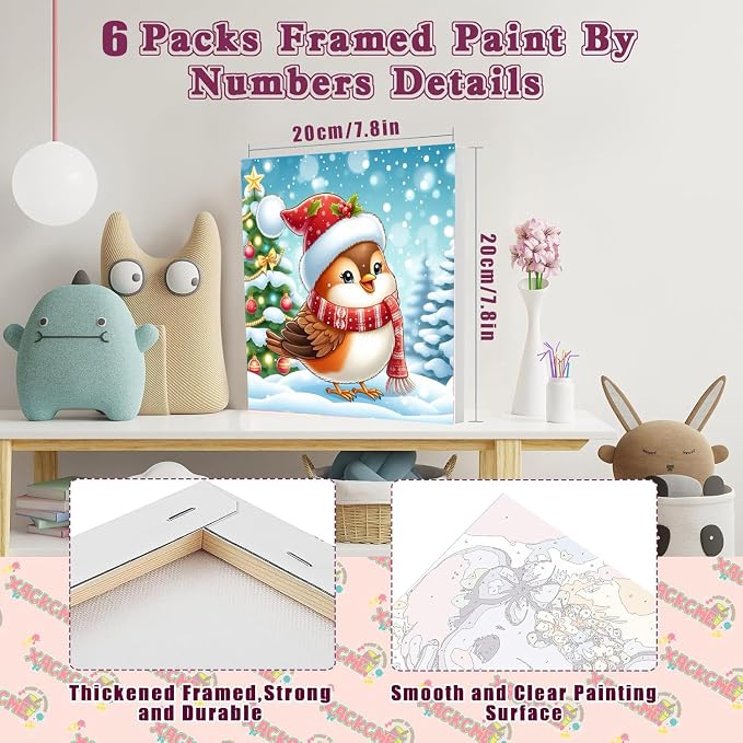 6 Pack Christmas Framed Paint by Numbers for Adults, Easy Acrylic Cartoon Painting by Number Kits on Canvas, Christmas Painting by Numbers Kits, Adults' Paint-by-Number Kits for Home Wall Decor 8x8in
