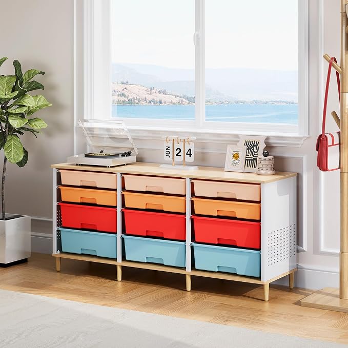 TOOLF 12 Drawers Storage Cabinet with Wooden Top and Plastic Bins,Colorful | Toy Shelf Storage Chest Cubby Organizer, for Home, Office, Playroom, Classroom & Craft Room