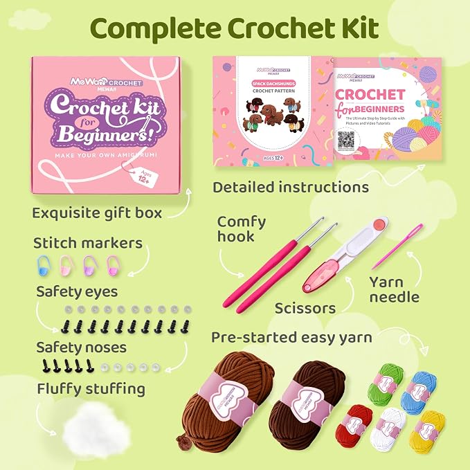 Mewaii Crochet Kit for Beginners, 5 Pack Dachshund Dog Craft Set | 40% Extra Yarn, Video Tutorial, Pre-Started Piece, Beginner Friendly, Family Craft Gift for Adults & Kids