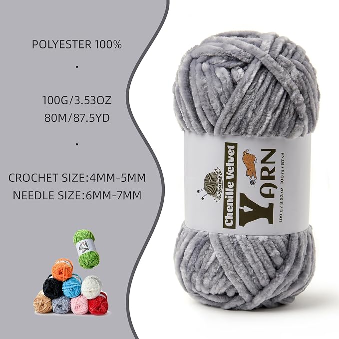 Chenille Crochet Light Gray Yarn 1 Pack