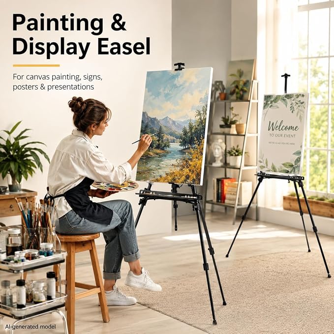 RRFTOK 21-61 Inch Adjustable Art Easel Stand for Painting with Tray | Portable metal easel with paintbrush tray for painting, canvas holder, artists, adults and floor use