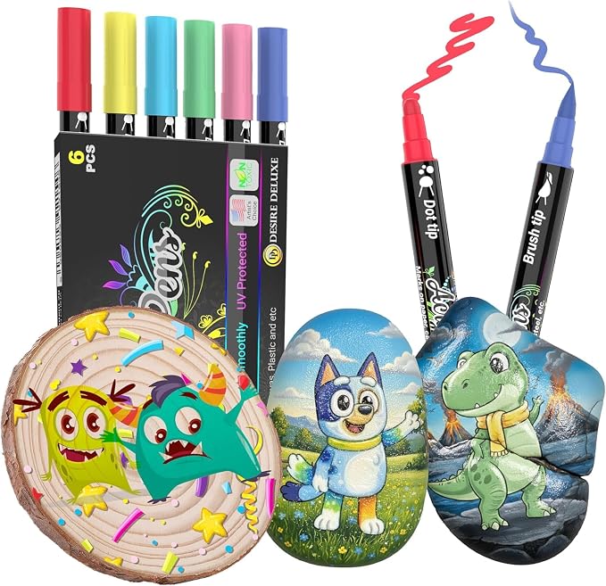 Desire Deluxe Acrylic Paint Pens for Rock Painting, Stone, Ceramic, Glass, Wood, Canvas – Set of 6 Non Toxic Water Based Markers - Great Artists Painting Supplies (Dual Tip Multicolor, 6)