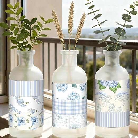 12 Rolls Floral Washi Tape Set,Light Blue,Hydrangea | Watercolor Flowers Design for Scrapbook Journal DIY Craft School Supplies, 15 mm Vintage Decorative Masking Washi Tapes