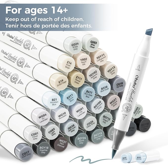 Ohuhu Alcohol Markers Brush Tip Grey-tone-Dual Tips Alcohol Based Art Marker Set for Artist Adults' Coloring Illustration Shading-36 Grayscale Colors w/ 1 Blender-Fine&Brush-Honolulu B (Chisel&Brush)