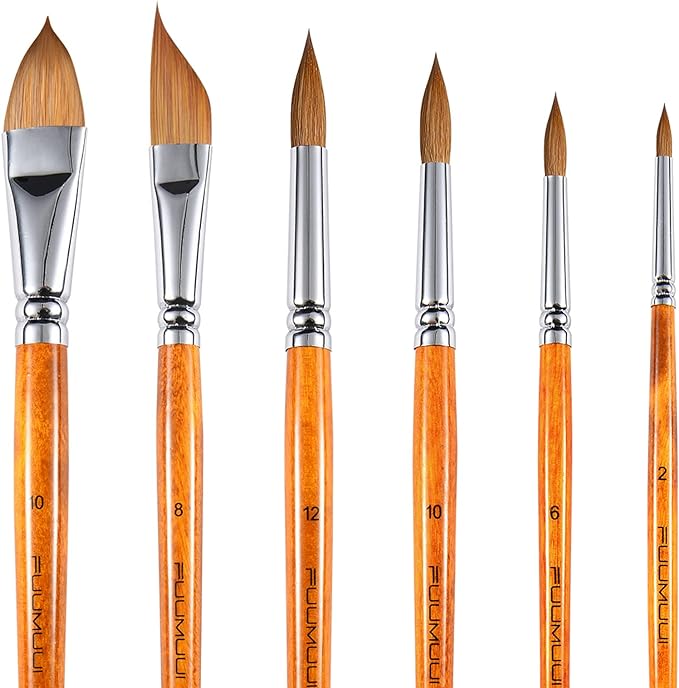 Sable Watercolor Brushes Kolinsky Watercolor Paint Brushes for Artists Professional 6pcs - Pointed Rounds Cat Tongue Oval Wash Dagger for Watercolor Acrylics Inks Gouache Painting