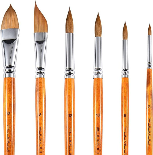 Sable Watercolor Brushes Kolinsky Watercolor Paint Brushes for Artists Professional 6pcs - Pointed Rounds Cat Tongue Oval Wash Dagger for Watercolor Acrylics Inks Gouache Painting